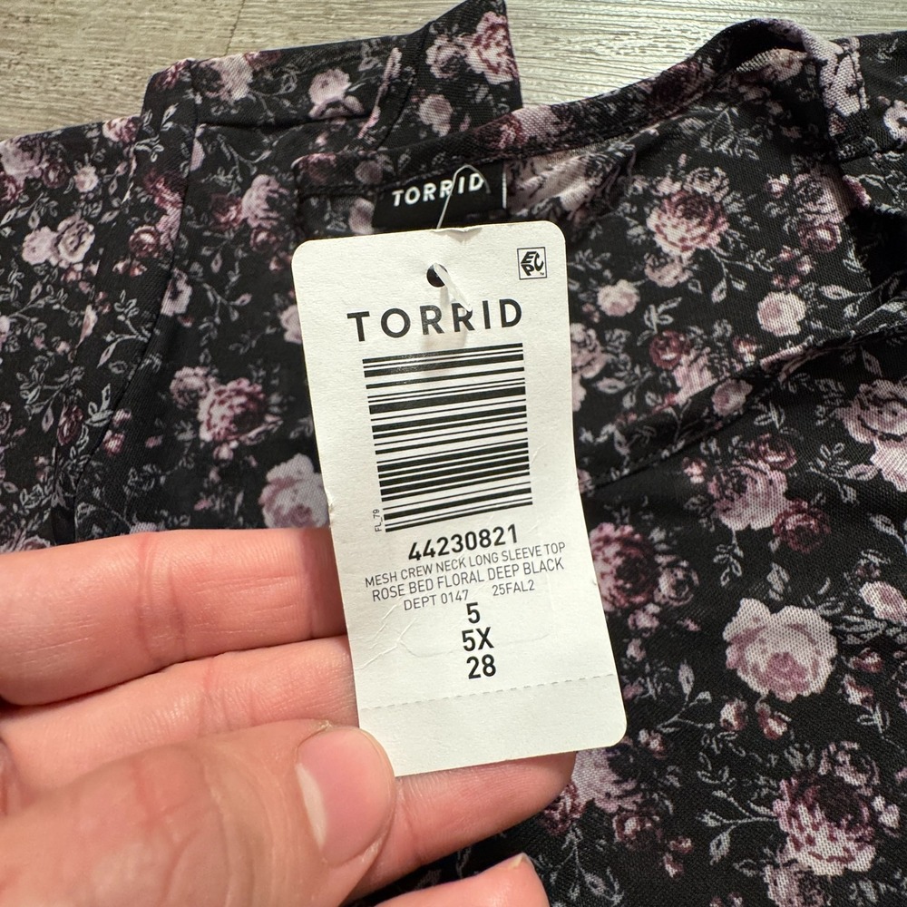 Torrid Top Womens 5x Black Pink Rose Floral Mesh Tunic Crew Neck Peasant Nylon - Picture 4 of 9